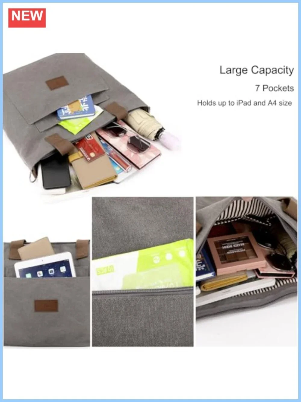 Canvas Tote Bag for Women A4 Handbag with Zipper Shoulder Bag for Shopping